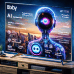 En tv-skærm viser en futuristisk AI-assistentgrænseflade ved navn Bixby med en robotfigur, glødende accenter, bybillede i baggrunden og tekst om AI-funktioner, stemmekommandoer, anbefalinger og tid i øverste hjørne. - Kunstig intelligens AI