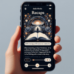 En hånd holder en smartphone, der viser en lydbogs-recap-app med en åben bog med en silhuet og indviklede, mystiske illustrationer på skærmen. Appens interface viser afspilningskontroller og tekstresuméer. - Kunstig intelligens AI