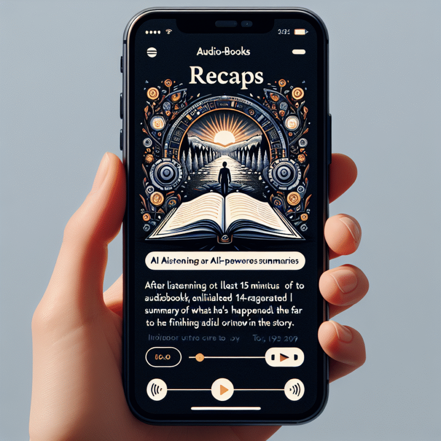 En hånd holder en smartphone, der viser en lydbogs-recap-app med en åben bog med en silhuet og indviklede, mystiske illustrationer på skærmen. Appens interface viser afspilningskontroller og tekstresuméer. - Kunstig intelligens AI