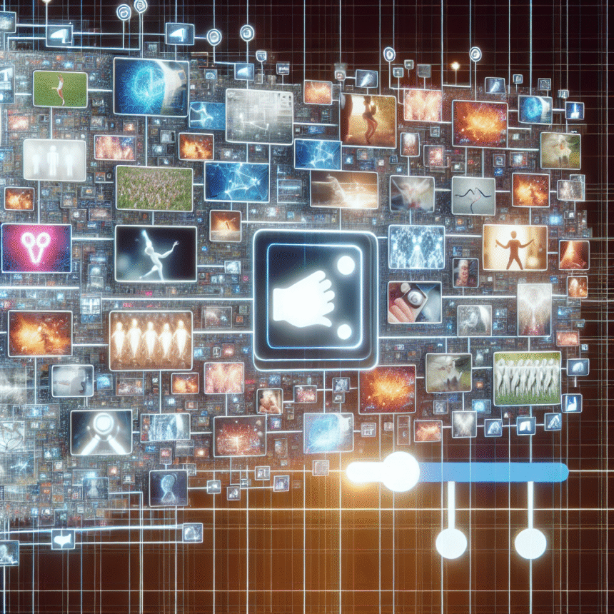 En digital collage af mange små skærme, der viser forskellige billeder, ikoner og silhuetter, som danner en skyform på en lysende, gitterlignende baggrund med kredsløbsmønstre, der symboliserer digital opkobling og mediedeling. - Kunstig intelligens AI