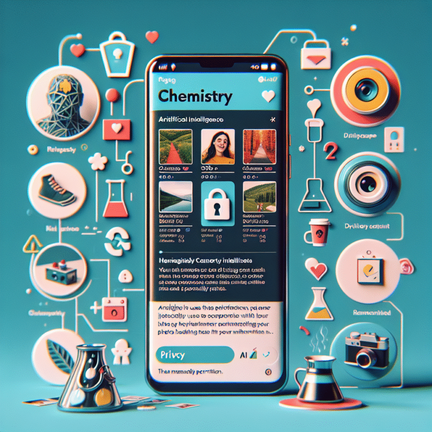 En smartphone med en app med kemitema er omgivet af farverige videnskabs- og teknologiikoner, herunder kolber, kameraer, låse og grafer, der symboliserer privatlivets fred, forskning og digital interaktion. - Kunstig intelligens AI