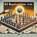 Et illustreret skakbræt med robotter og mennesker som skakbrikker er placeret under en plakat med teksten AI Regulation. En robothånd holder en skakbrik, der symboliserer strategi. Aviser og juridiske dokumenter omgiver brættet. - Kunstig intelligens AI