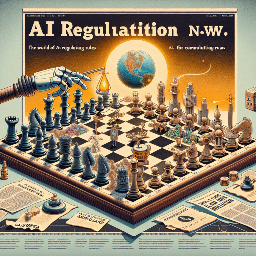 Et illustreret skakbræt med robotter og mennesker som skakbrikker er placeret under en plakat med teksten AI Regulation. En robothånd holder en skakbrik, der symboliserer strategi. Aviser og juridiske dokumenter omgiver brættet. - Kunstig intelligens AI