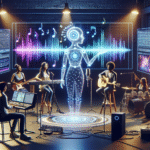 Et mangfoldigt band optræder i et moderne studie, omgivet af et lysende, futuristisk hologram af en kvindelig figur med musikalske toner og lydbølger vist på store skærme bag dem. - Kunstig intelligens AI