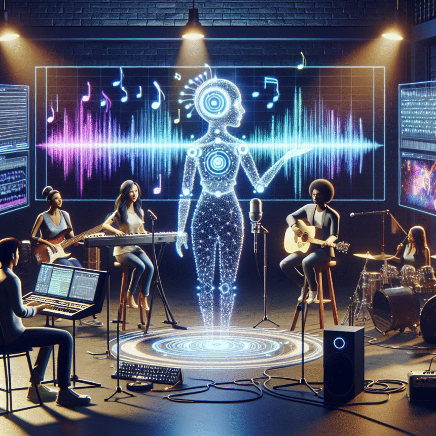 Et mangfoldigt band optræder i et moderne studie, omgivet af et lysende, futuristisk hologram af en kvindelig figur med musikalske toner og lydbølger vist på store skærme bag dem. - Kunstig intelligens AI