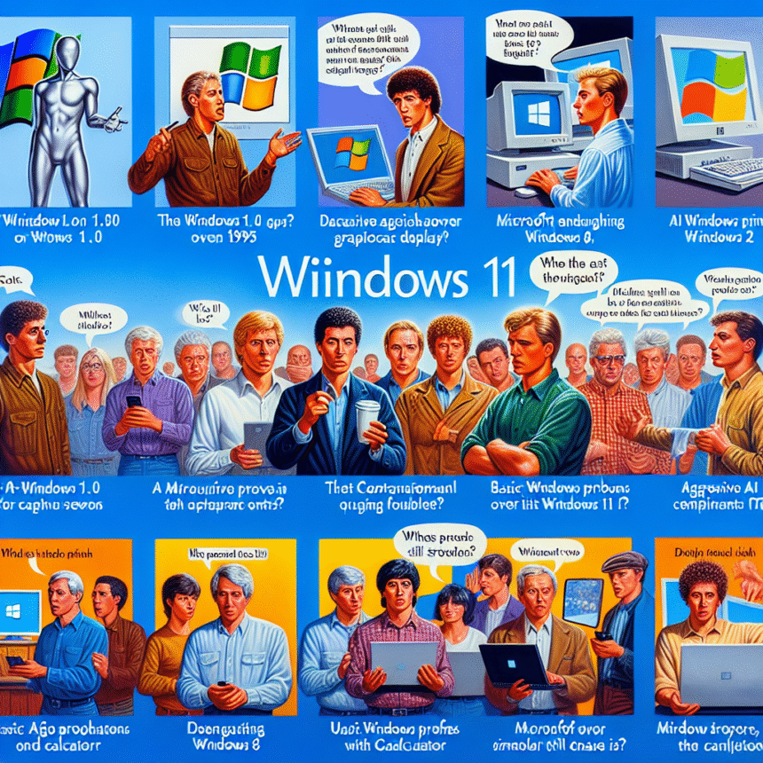 En farverig collage viser mennesker, der reagerer på forskellige Windows-operativsystemer, fra Windows 1.0 til Windows 11, med talebobler, der udtrykker forvirring, begejstring og spørgsmål om hver versions funktioner og brugerflade. - Kunstig intelligens AI