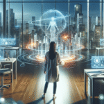 En kvinde i laboratoriekittel står i et futuristisk kontor og interagerer med en stor holografisk figur og et digitalt bybillede med højteknologiske skærme og en bys skyline, der kan ses gennem glasvinduer. - Kunstig intelligens AI