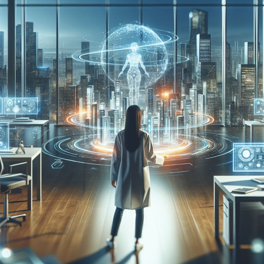 En kvinde i laboratoriekittel står i et futuristisk kontor og interagerer med en stor holografisk figur og et digitalt bybillede med højteknologiske skærme og en bys skyline, der kan ses gennem glasvinduer. - Kunstig intelligens AI