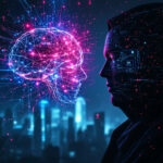 En person i skygge står over for en lysende digital hjerne lavet af sammenkoblede neonlinjer og knudepunkter med overlejrede kredsløbsmønstre i et futuristisk bybillede om natten. - Kunstig intelligens AI