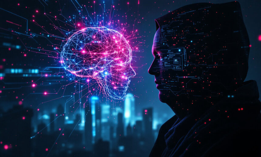 En person i skygge står over for en lysende digital hjerne lavet af sammenkoblede neonlinjer og knudepunkter med overlejrede kredsløbsmønstre i et futuristisk bybillede om natten. - Kunstig intelligens AI