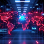 Et lysende digitalt verdenskort med datapunkter og infografik er lagt oven på et mørkt serverrum og illustrerer globale netværksforbindelser og cybersikkerhedskoncepter. - Kunstig intelligens AI