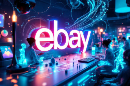 Folk arbejder ved futuristiske skriveborde omgivet af digitale skærme og hologrammer, med et stort lysende eBay-logo i midten, der understreger et højteknologisk, digitalt markedsmiljø. - Kunstig intelligens AI