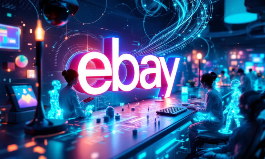 Folk arbejder ved futuristiske skriveborde omgivet af digitale skærme og hologrammer, med et stort lysende eBay-logo i midten, der understreger et højteknologisk, digitalt markedsmiljø. - Kunstig intelligens AI