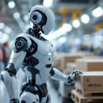 En humanoid robot arbejder på en fabrik, hvor den står ved siden af et transportbånd med papkasser. Flere arbejdere i sikkerhedsveste og hjelme er i baggrunden, hvilket understreger et avanceret automatiseret industrielt miljø. - Kunstig intelligens AI