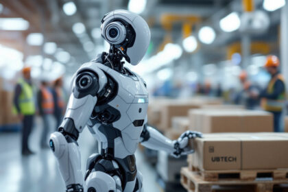 En humanoid robot arbejder på en fabrik, hvor den står ved siden af et transportbånd med papkasser. Flere arbejdere i sikkerhedsveste og hjelme er i baggrunden, hvilket understreger et avanceret automatiseret industrielt miljø. - Kunstig intelligens AI