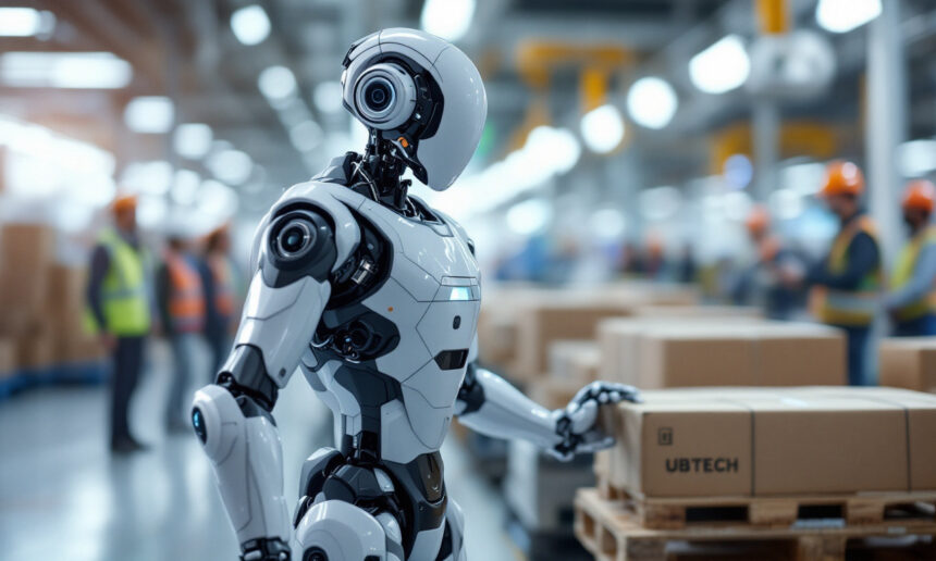 En humanoid robot arbejder på en fabrik, hvor den står ved siden af et transportbånd med papkasser. Flere arbejdere i sikkerhedsveste og hjelme er i baggrunden, hvilket understreger et avanceret automatiseret industrielt miljø. - Kunstig intelligens AI