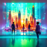 Folk står i et futuristisk, neonoplyst rum og ser på et levende digitalt display af en farverig byskyline med skyskrabere, glødende lys og kredsløbslignende mønstre, der ligner avanceret teknologi. - Kunstig intelligens AI
