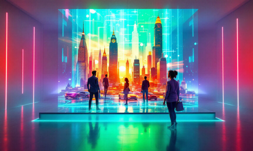 Folk står i et futuristisk, neonoplyst rum og ser på et levende digitalt display af en farverig byskyline med skyskrabere, glødende lys og kredsløbslignende mønstre, der ligner avanceret teknologi. - Kunstig intelligens AI