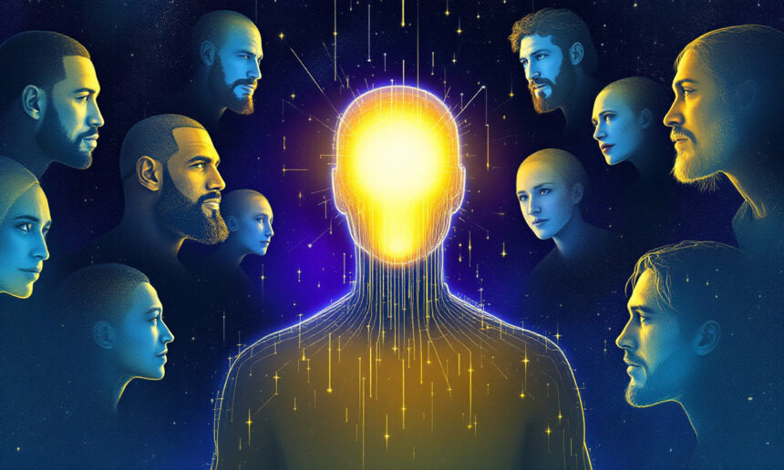 En lysende, humanoid figur med et strålende hoved er omgivet af forskellige mennesker med alvorlige ansigter i blå og gyldne toner, som alle stirrer mod den centrale figur på en stjerneklar, kosmisk baggrund. - Kunstig intelligens AI