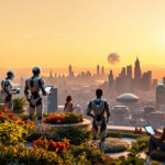 Mennesker og robotter interagerer i en frodig taghave med udsigt over en futuristisk storbys skyline ved solnedgang, hvor planeterne er synlige på himlen. Nogle passer planter, mens andre bruger tablets og blander natur og teknologi. - Kunstig intelligens AI