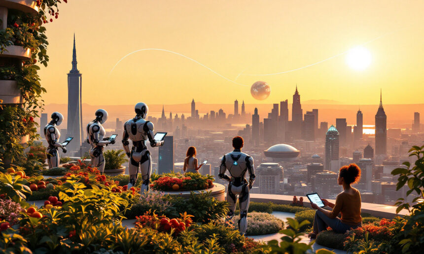Mennesker og robotter interagerer i en frodig taghave med udsigt over en futuristisk storbys skyline ved solnedgang, hvor planeterne er synlige på himlen. Nogle passer planter, mens andre bruger tablets og blander natur og teknologi. - Kunstig intelligens AI