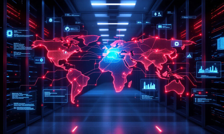 Et lysende digitalt verdenskort med datapunkter og infografik er lagt oven på et mørkt serverrum og illustrerer globale netværksforbindelser og cybersikkerhedskoncepter. - Kunstig intelligens AI