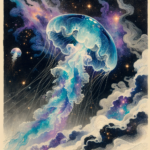 En glødende, gennemskinnelig vandmand flyder gennem en kosmisk scene med sine ranker blandt hvirvlende skyer og klare stjerner og blander elementer fra havet og det ydre rum i en drømmeagtig, farverig illustration. - Kunstig intelligens AI