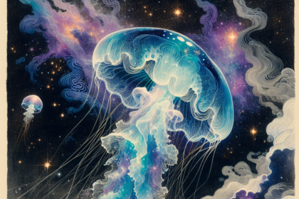 En glødende, gennemskinnelig vandmand flyder gennem en kosmisk scene med sine ranker blandt hvirvlende skyer og klare stjerner og blander elementer fra havet og det ydre rum i en drømmeagtig, farverig illustration. - Kunstig intelligens AI