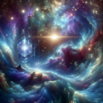 Et surrealistisk kosmisk landskab med hvirvlende farverige stjernetåger, klare stjerner og et glødende kubisk hologram, der svæver over tågede bjerge og skaber en drømmeagtig og overjordisk atmosfære. - Kunstig intelligens AI