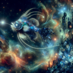 En glødende, kosmisk havtaske flyder i en pulserende, stjernefyldt stjernetåge med front mod en futuristisk, geometrisk by lavet af sekskantede mønstre. Dens lys oplyser den farverige rumscene. - Kunstig intelligens AI