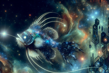 En glødende, kosmisk havtaske flyder i en pulserende, stjernefyldt stjernetåge med front mod en futuristisk, geometrisk by lavet af sekskantede mønstre. Dens lys oplyser den farverige rumscene. - Kunstig intelligens AI