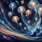 En surrealistisk, kosmisk scene med glødende vandmænd, der flyder i et stjerneklart rum, omgivet af hvirvlende lys og abstrakte bølger, der blander hav- og galakseelementer i lysende, æteriske farver. - Kunstig intelligens AI