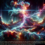 En levende, fantastisk stjernetåge med hvirvlende farverige skyer og lynstriber dominerer et kosmisk bybillede, der blander elementer fra det ydre rum og futuristisk arkitektur. Teksten i bunden er forvrænget og ulæselig. - Kunstig intelligens AI