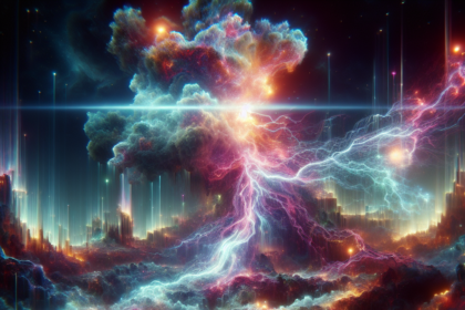 En levende, fantastisk stjernetåge med hvirvlende farverige skyer og lynstriber dominerer et kosmisk bybillede, der blander elementer fra det ydre rum og futuristisk arkitektur. Teksten i bunden er forvrænget og ulæselig. - Kunstig intelligens AI