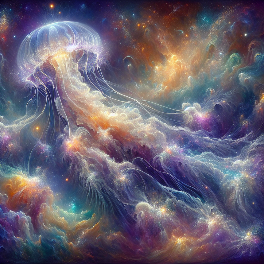 En glødende, gennemsigtig vandmand svæver blandt hvirvlende, farverige skyer, der ligner en kosmisk tåge og blander bløde lilla, blå, orange og hvide farver i en drømmende, overjordisk undervandsscene. - Kunstig intelligens AI