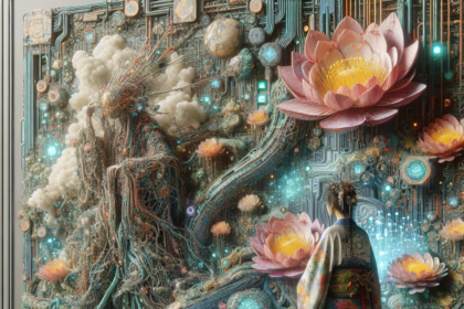 En person i en udsmykket kimono står foran en fantastisk scene med lysende lotusblomster, indviklede kredsløb og hvirvlende lianer, der blander natur og teknologi i et surrealistisk, drømmeagtigt miljø. - Kunstig intelligens AI