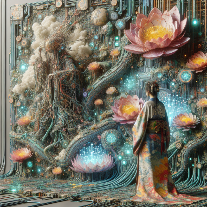 En person i en udsmykket kimono står foran en fantastisk scene med lysende lotusblomster, indviklede kredsløb og hvirvlende lianer, der blander natur og teknologi i et surrealistisk, drømmeagtigt miljø. - Kunstig intelligens AI