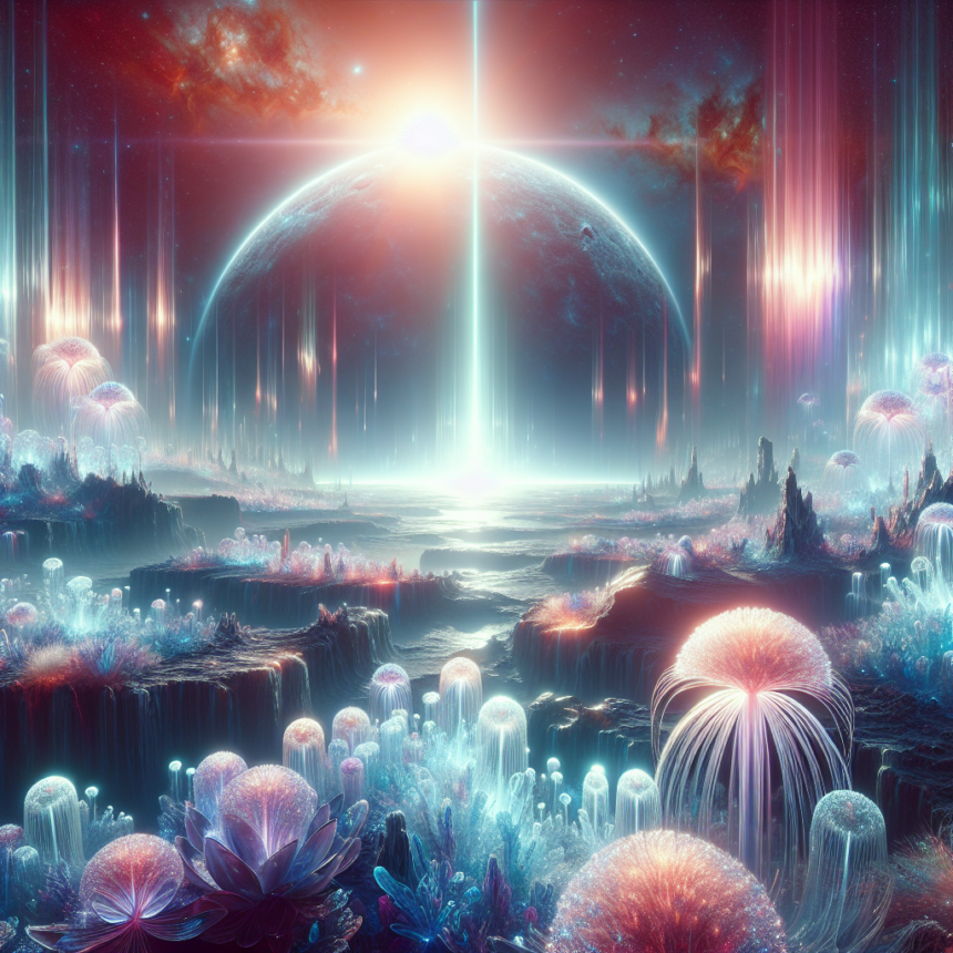 Et levende alien-landskab med glødende, vandmandslignende planter, svævende lys og en stor planet, der rejser sig over horisonten, oplyst af lysstråler og farverige kosmiske skyer på himlen. - Kunstig intelligens AI