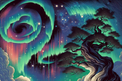 En surrealistisk, levende scene viser et forvredet træ på klippegrund under hvirvlende nordlys, farverige stjerner og dramatiske skyer på en drømmeagtig nattehimmel. - Kunstig intelligens AI