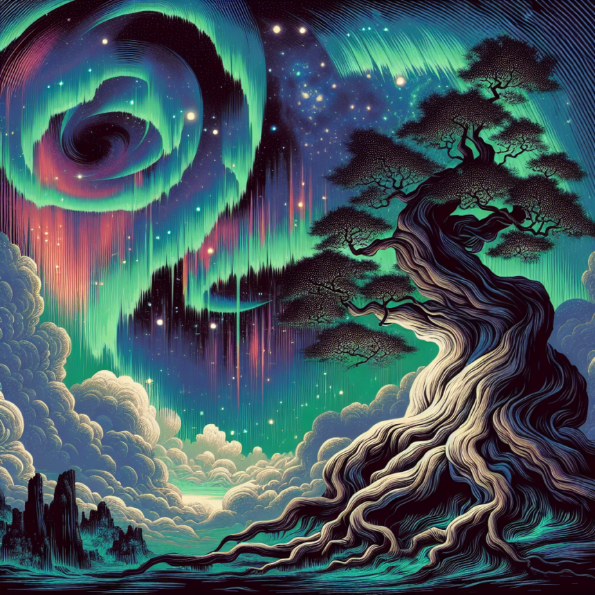 En surrealistisk, levende scene viser et forvredet træ på klippegrund under hvirvlende nordlys, farverige stjerner og dramatiske skyer på en drømmeagtig nattehimmel. - Kunstig intelligens AI