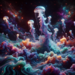 Selvlysende vandmænd flyder gennem en levende, farverig kosmisk scene fyldt med hvirvlende skyer og stjernehimmel, der blander undervandselementer og elementer fra det ydre rum i et drømmende, surrealistisk landskab. - Kunstig intelligens AI