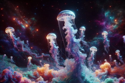 Selvlysende vandmænd flyder gennem en levende, farverig kosmisk scene fyldt med hvirvlende skyer og stjernehimmel, der blander undervandselementer og elementer fra det ydre rum i et drømmende, surrealistisk landskab. - Kunstig intelligens AI