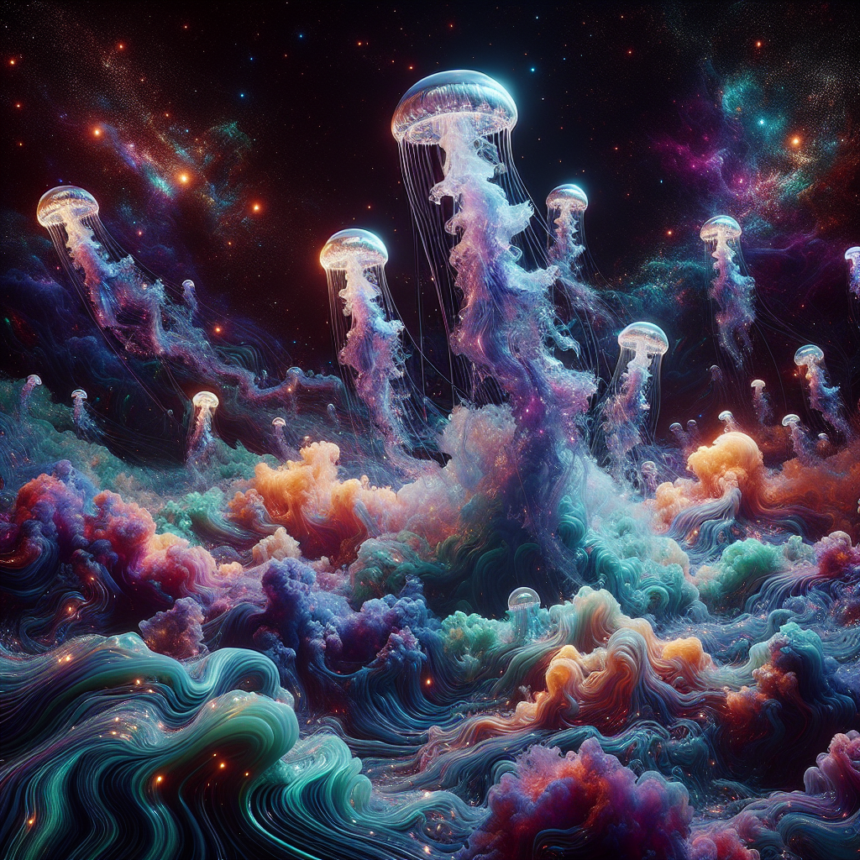 Selvlysende vandmænd flyder gennem en levende, farverig kosmisk scene fyldt med hvirvlende skyer og stjernehimmel, der blander undervandselementer og elementer fra det ydre rum i et drømmende, surrealistisk landskab. - Kunstig intelligens AI
