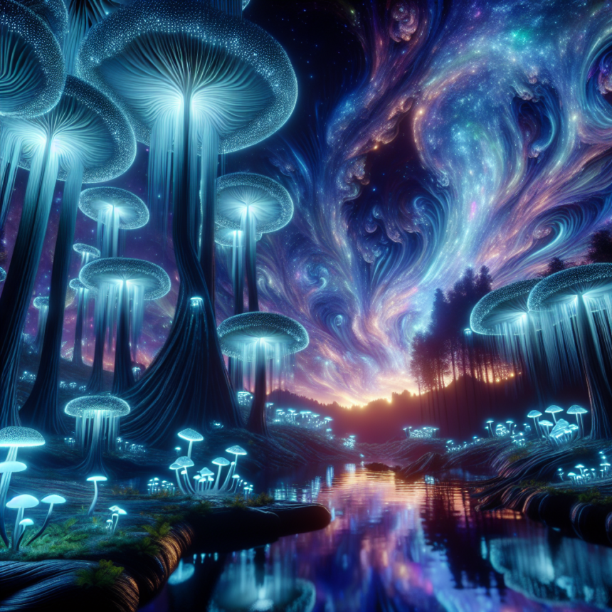 Lysende, overdimensionerede svampe lyser blåt langs en flodbred under en levende, hvirvlende, stjernefyldt nattehimmel og skaber et fantastisk, overjordisk landskab med refleksioner i vandet. - Kunstig intelligens AI