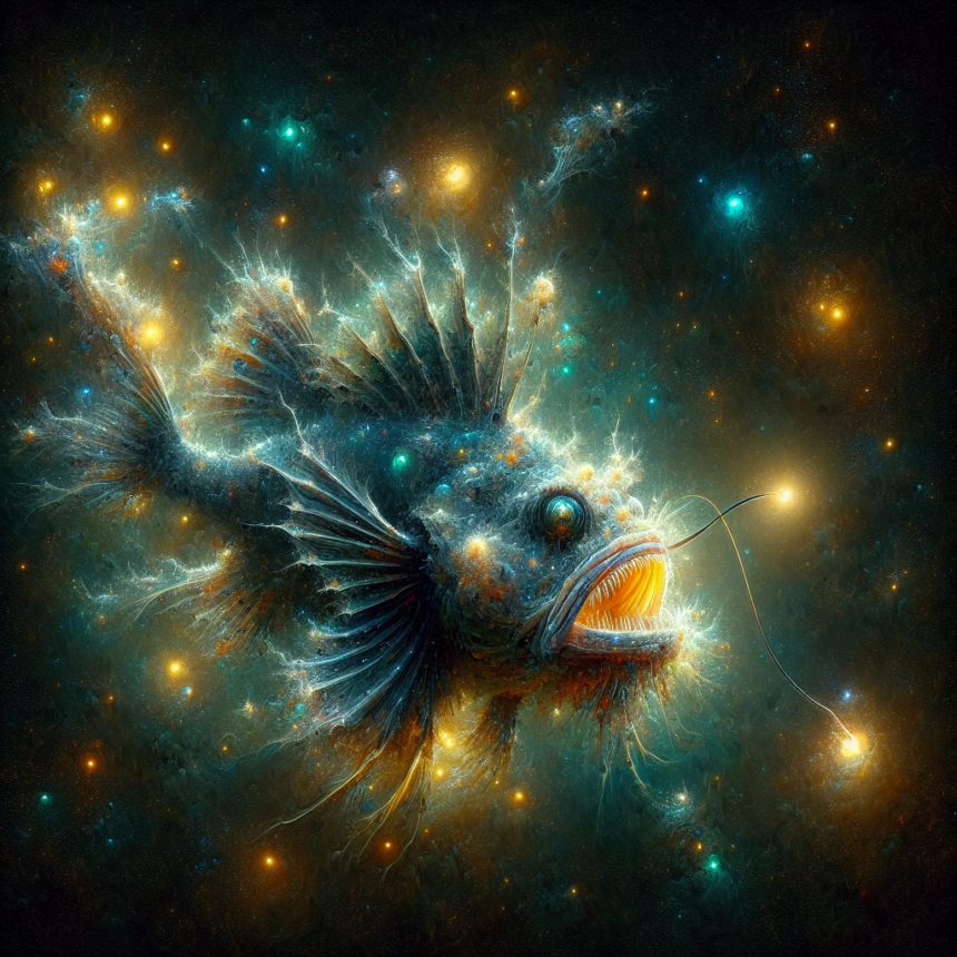 En lysende havtaske med selvlysende finner og skarpe tænder svømmer i et mørkt, stjernefyldt rum, mens dens krop og lokkemad udstråler klart, kosmisk lys og blander elementer fra det dybe hav og det ydre rum. - Kunstig intelligens AI