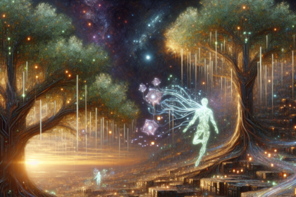 Æteriske figurer lavet af lys svæver mellem glødende træer og kaskader af lys i et surrealistisk, futuristisk landskab fyldt med oplyste kuber og en kosmisk nattehimmel. - Kunstig intelligens AI