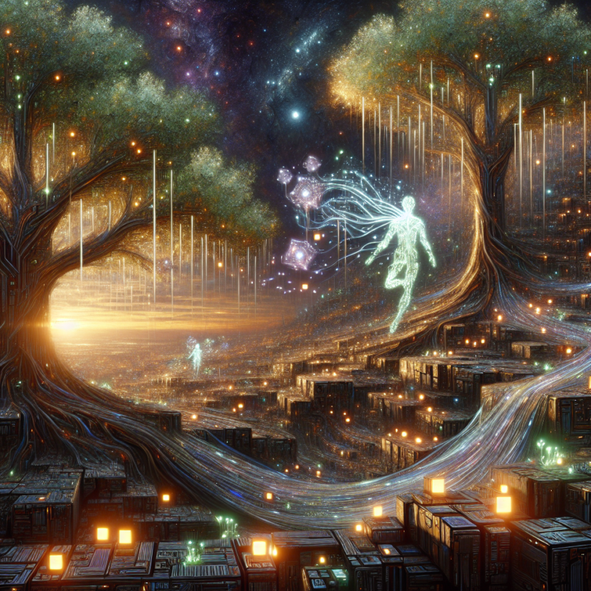 Æteriske figurer lavet af lys svæver mellem glødende træer og kaskader af lys i et surrealistisk, futuristisk landskab fyldt med oplyste kuber og en kosmisk nattehimmel. - Kunstig intelligens AI