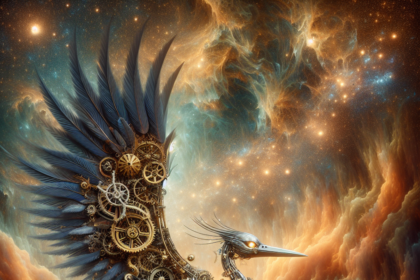 En majestætisk, steampunk-inspireret fugl med tandhjul og mekaniske vinger svæver gennem en farverig, hvirvlende kosmisk sky fyldt med stjerner. - Kunstig intelligens AI