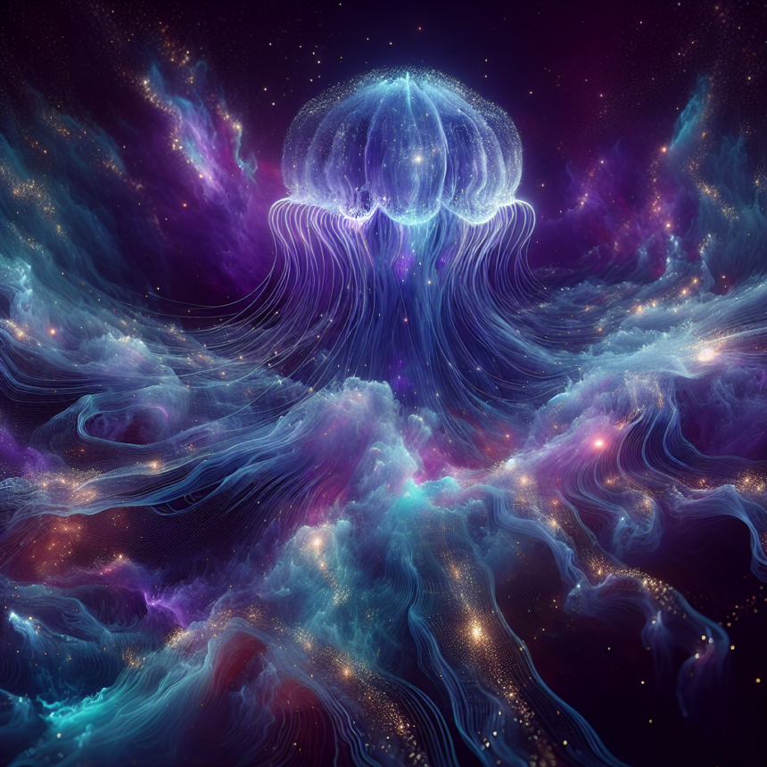 En glødende, æterisk vandmand svæver gennem en levende, overjordisk stjernetåge med hvirvlende skyer og lysstrømme, der ligner kosmiske bølger i det ydre rum. - Kunstig intelligens AI