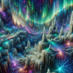 Et levende, surrealistisk landskab med glødende, krystallinske spir, neonårer, der løber gennem jorden, og et farverigt nordlys, der lyser op på en stjernefyldt himmel ovenover. - Kunstig intelligens AI